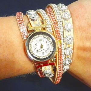 Leather Wrap around Bracelet Watch Pink &Rinestone